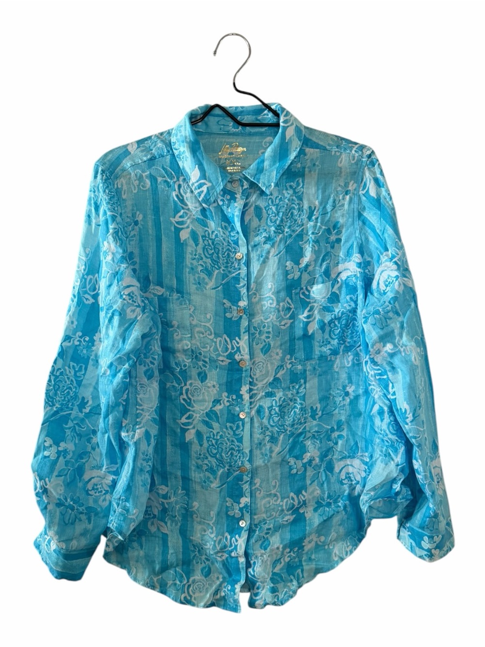 Lilly Pulitzer Sea View Button Down Shirt Capri Blue Roseys Petals XXL NEW Linen